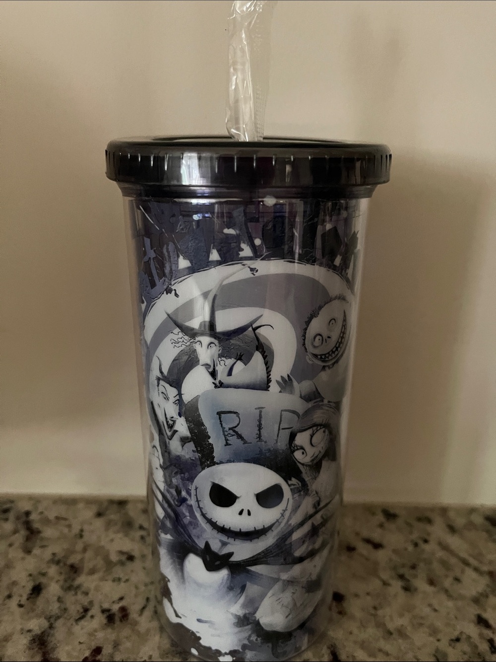 Nightmare-Themed Black & Purple Travel Tumbler with Straw